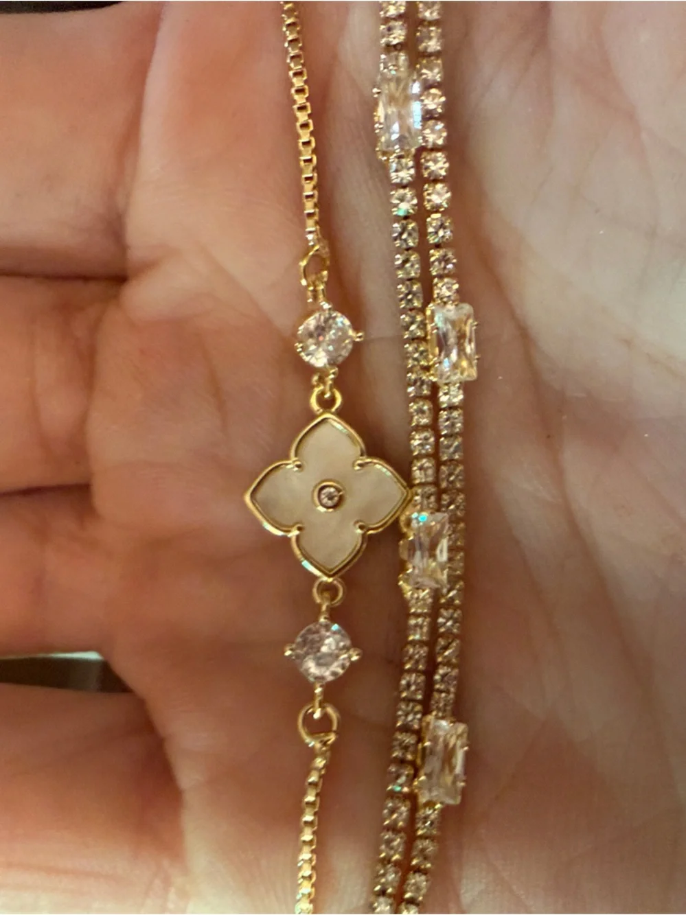 NWOT Gold w Floral cream colored enamel Clover and Gems Layered Bracelets 2 pc